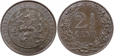 Нидерланды. Монета 2 1/2 цента. 1905 (KM#134. aUnc+)
