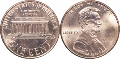 США. 1 цент. 2008.P (Unc) Lincoln Cent. Мемориал