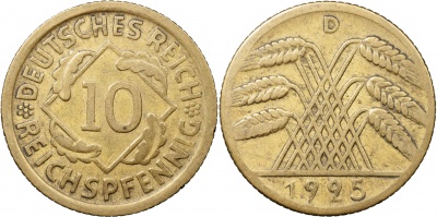 Германия [Веймарская республика]. Монета 10 рейхспфеннигов. 1925.D (J.317 / KM#40. VF/XF)