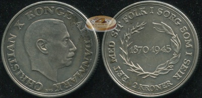 Дания. 2 кроны. 1945 (aUnc+. Серебро)