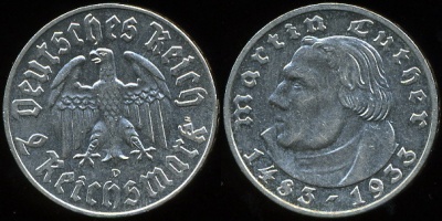 Германия (3й рейх). 2 рейхсмарки. Лютер. 1933 (D) (aUnc. Серебро)