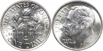 США. Монета 10 центов [Дайм]. 2012.D (KM#195a. Unc) Roosevelt Dime