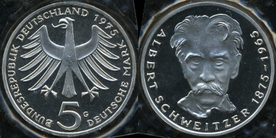 Германия (ФРГ). 5 марок. 1975 G (Proof) Серебро