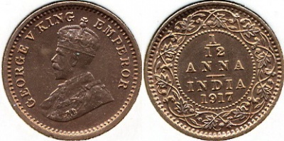 Британская Индия. 1/12 анна. 1917 (Unc)