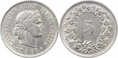 Швейцария. Монета 5 раппенов. 1968.B (S.1212 / KM#26. Unc)