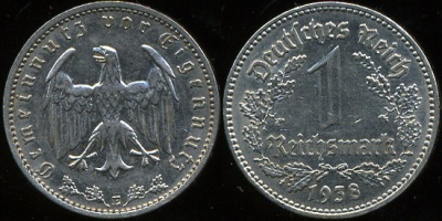 Германия (3й рейх). 1 рейхсмарка (XF) 1938A