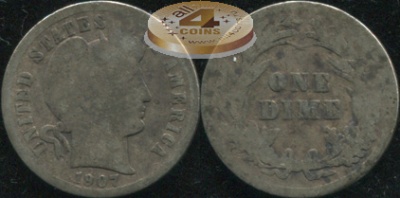 США. 10 центов (Дайм). 1907 (AG. Серебро)