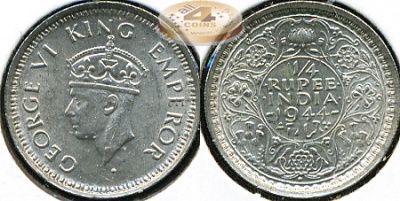 Британская Индия. 1/4 рупии. 1944 (Unc)