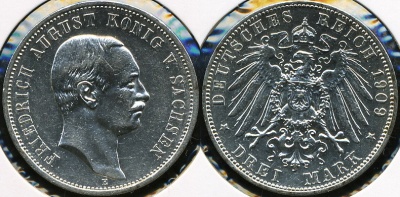 Германия (Саксония). 3 марки. 1909 (XF. Серебро)