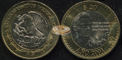 Мексика. 20 песо. 2001.M° (Unc. Биметалл) Октавио Пас, поэт и дипломат