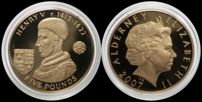 Олдерни. Монета 5 фунтов. 2007 (KM#NL. Proof. Серебро. Капсула. Позолота 0.999) Генри V