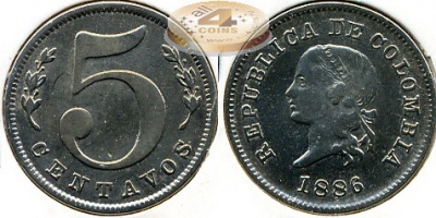 Колумбия. 5 центаво. 1886 (aXF)