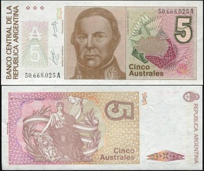 Аргентина. Банкнота 5 аустралей. ND(1986). Unc. Бумага. Кат.# P.324b [Serie A]