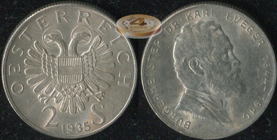 Австрия. 2 шиллинга. 1935 (aUnc/Unc. Серебро)