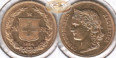 Швейцария. 20 франков. 1894 (Unc. Золото)