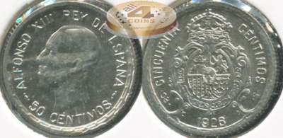 Испания. 50 центимов. 1926 (XF. Серебро)