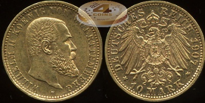 Германия (Вюртемберг). 10 марок. 1907 F (XF. Золото)