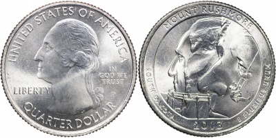 США. Монета 25 центов [Квотер]. 2013.P (KM#546. Unc) Mount Rushmore [South Dakota]