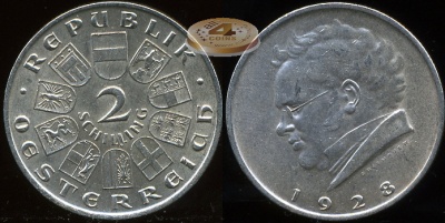 Австрия. Монета 2 шиллинга. 1928 (KM#2843. aUnc. Серебро) Столетие со дня смерти Франца Шуберта