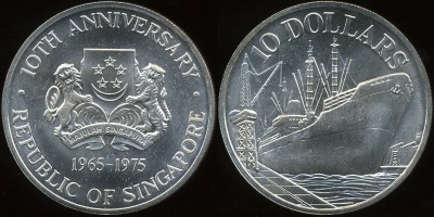 Сингапур. 10 долларов. 1975 (Unc. Серебро)