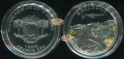 Кот-д’Ивуар. 1000 франков. 2011 (Proof. Серебро. Эмаль. Этуи. Сертификат)