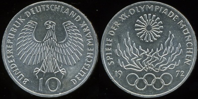 Германия (ФРГ). 10 марок. 1972 (J) (Серебро)