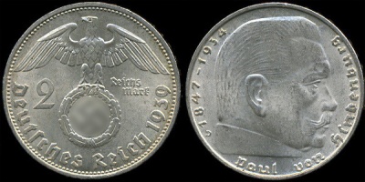 Германия (3й рейх). 2 марки, 1939  (Unc. Серебро)