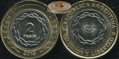 Аргентина. 2 песо. 2010 (Unc. Биметалл)
