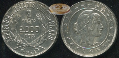 Бразилия. 2000 рейс. 1934 (aUnc. Серебро)