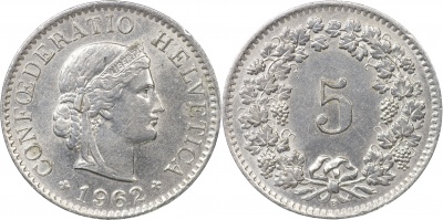 Швейцария. Монета 5 раппенов. 1962.B (S.1212 / KM#26. Unc)