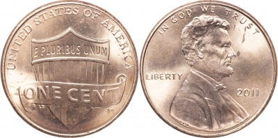 США. 1 цент. 2011.P (Unc) Lincoln Cent. Реверс щита