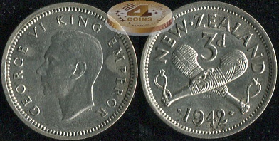 Новая Зеландия. 3 пенса. 1942 (aUnc+. Серебро)