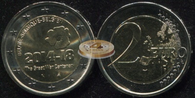 Бельгия. 2 евро. 2014 (Unc. Биметалл) 100 лет с начала Первой Мировой войны
