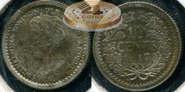 Нидерланды. 10 центов. 1917 (aXF. Серебро)