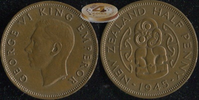 Новая Зеландия. 1/2 пенни. 1945 (Unc)