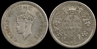Британская Индия. Монета 1/4 рупии. 1942.(c) (KM#546. XF+. Серебро)
