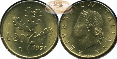 Италия. 20 лир. 1991 (Unc)