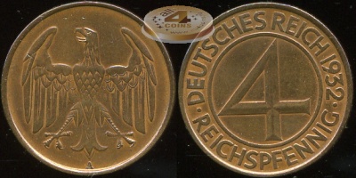 Германия (Веймарская республика). 4 рейхспфеннига. 1932 A (XF+)