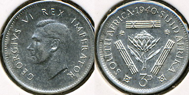 Южная Африка. 3 пенса. 1940 (XF+. Серебро)