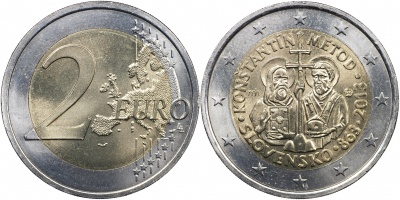 Словакия Монета 2 евро. 2013 (Unc. Биметалл) Византийская миссия Кирилла и Мефодия в Великую Моравию