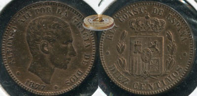 Испания. 10 центимов. 1877.OM (XF)