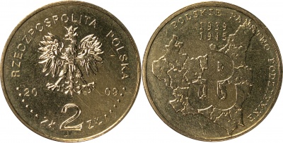 Польша. Монета 2 злотых. 2009 (KM#Y.707. Unc) 70-летие Польского подпольного государства