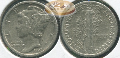 США. 10 центов [Дайм]. 1927 (VF/VF+. Серебро)