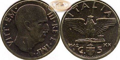 Италия. 5 центезимо. 1942 (Unc)