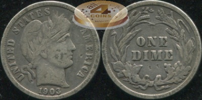США. 10 центов (Дайм). 1903 (VF. Серебро)