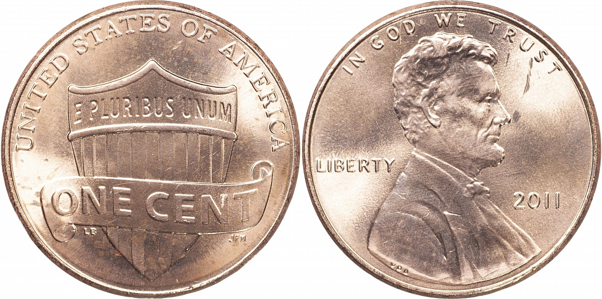 США. 1 цент. 2011.P (Unc) Lincoln Cent. Реверс щита